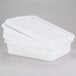 A stack of white Tablecraft plastic freezer safe drain boxes with lids.