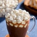 A glass mug filled with hot chocolate topped with mini marshmallows.