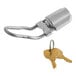 A metal faucet lock for beer tower faucets with two brass keys.