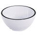 A white round melamine bowl with a black trim around the rim.