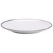 A white round melamine dinner plate with a black trim.