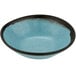 A speckled grayish blue melamine salad bowl with a matte finish and black rim.