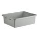 A gray heavy duty polyethylene plastic bus tub measuring 21 by 17 by 7 inches.