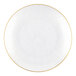 A round pearl white plastic plate with a gold band around the edge.