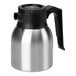 A stainless steel insulated coffee server with a black plastic handle and lid.
