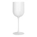 A white plastic wine goblet with a round bowl and a slender stem.