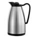 A stainless steel insulated coffee carafe with a black lid and handle.
