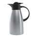 A stainless steel insulated coffee carafe with a black lid and handle.