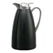 A black powder-coated stainless steel insulated coffee carafe with a push-button lid and a metallic handle.