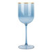 A blue plastic wine goblet with a gold rim.