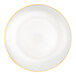 A round pearl white plastic plate with a gold band around the edge.