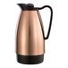 A copper stainless steel insulated coffee carafe with a black handle and lid.