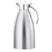 A brushed stainless steel insulated carafe with a flip-top lid and handle.