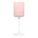 A two-toned pink and clear plastic wine goblet with a cylindrical bowl and a clear stem.