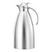 A brushed stainless steel insulated carafe with a push button lid and curved handle.