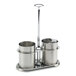 A brushed stainless steel sugar stick holder and creamer set with a central handle.