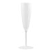 A white plastic champagne flute with a tall, slender bowl and a single-piece construction.