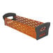 A brushed copper stainless steel syrup caddy with black handles and perforated sides.