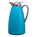A blue powder-coated stainless steel insulated coffee carafe with a push-button lid and a metallic handle.