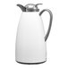 A white powder-coated stainless steel insulated coffee carafe with a push-button lid and a metallic handle.
