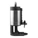 A 1.5-gallon brushed stainless steel thermal coffee server with a hands-free dispensing spout and a black stand.