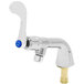 A T&S chrome metering faucet with a blue wrist action handle.