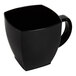 A black square-shaped plastic coffee mug with a handle.