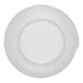 A round light blue melamine plate with a slightly raised rim.