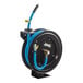 A black powder-coated steel open hose reel with a 30-foot blue air or water hose.