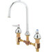 A chrome medical faucet with a gooseneck spout and two lever handles.