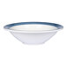 A white porcelain bowl with a blue band around the rim.