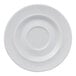 A plain white porcelain saucer with a circular indentation in the center.