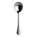 A stainless steel round bowl soup spoon with a decorative handle.