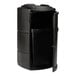 A black 25-gallon square side entry trash can with a dual-flipper dome lid and tray return, shown with the door open.
