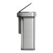 A brushed stainless steel dual compartment rectangular sensor trash and recycling can with a partially open lid.