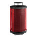 A large round red expanded steel outdoor trash can with a rain bonnet lid.
