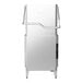 A commercial door-type high temperature dishwasher with a stainless steel exterior and a built-in booster heater.