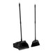 A black open-lid lobby dust pan and broom set with long handles.
