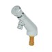 A close-up of a silver T&S metering faucet with a gold nut.