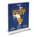 A clear acrylic magnetic block frame with a portrait orientation, mounted on an acrylic base with rubber bumpers, displaying an Oktoberfest promotional sign.
