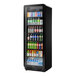 A black refrigerated glass door merchandiser with LED lighting, stocked with assorted beverages.