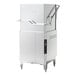 A commercial high-temperature door-type dishwasher with a high hood and integrated booster heater.