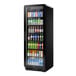 A black refrigerated glass door merchandiser filled with assorted beverages and featuring LED lighting.