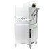 A commercial high temperature ventless door type dishwasher with a high hood and integrated booster heater.