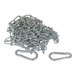 A pile of metal chain links with two metal carabiner hooks placed beside it.