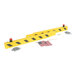 A yellow and black overhead door guard with attached flags, blinking lights, and included mounting hardware.