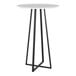 A round white bar height table with a black metal base.