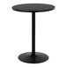 A round black adjustable-height table with a single pedestal base.