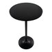 A round black adjustable-height table with a single pedestal base.