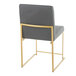 A gray faux leather high back side chair with a gold brushed stainless steel frame.